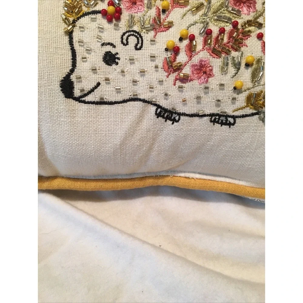 Happy Spring Beaded Floral Pillow Throw Decorative Garden Hedge Hogs